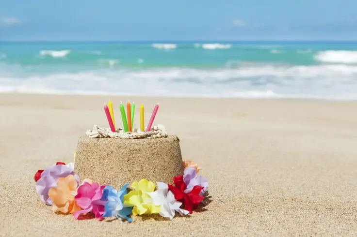 "Birthday trip ideas: Personalized birthday message in the sand on a tropical beach at sunset."