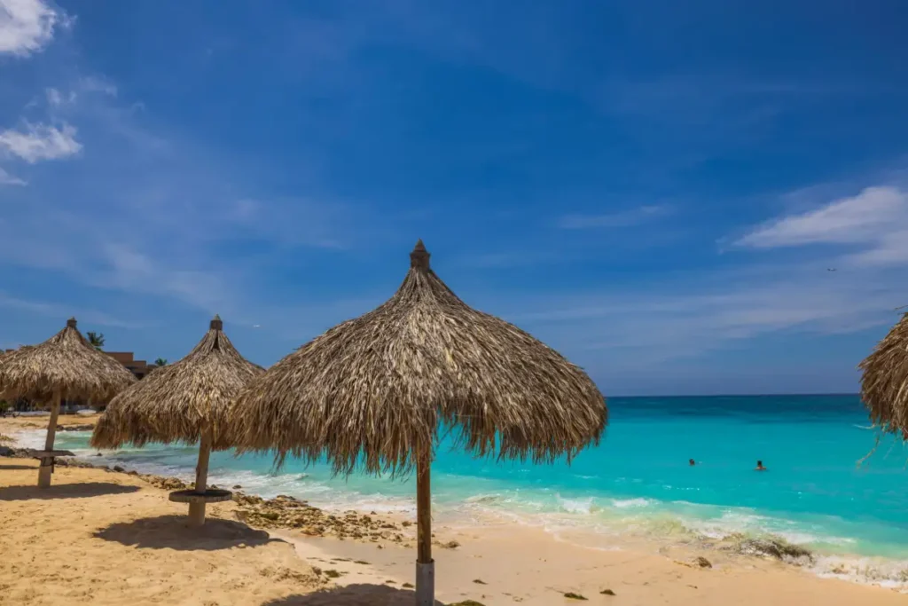 Thatched-roof palapas on a pristine beach with crystal-clear turquoise waters—an idyllic scene from one of the best resorts in Aruba.