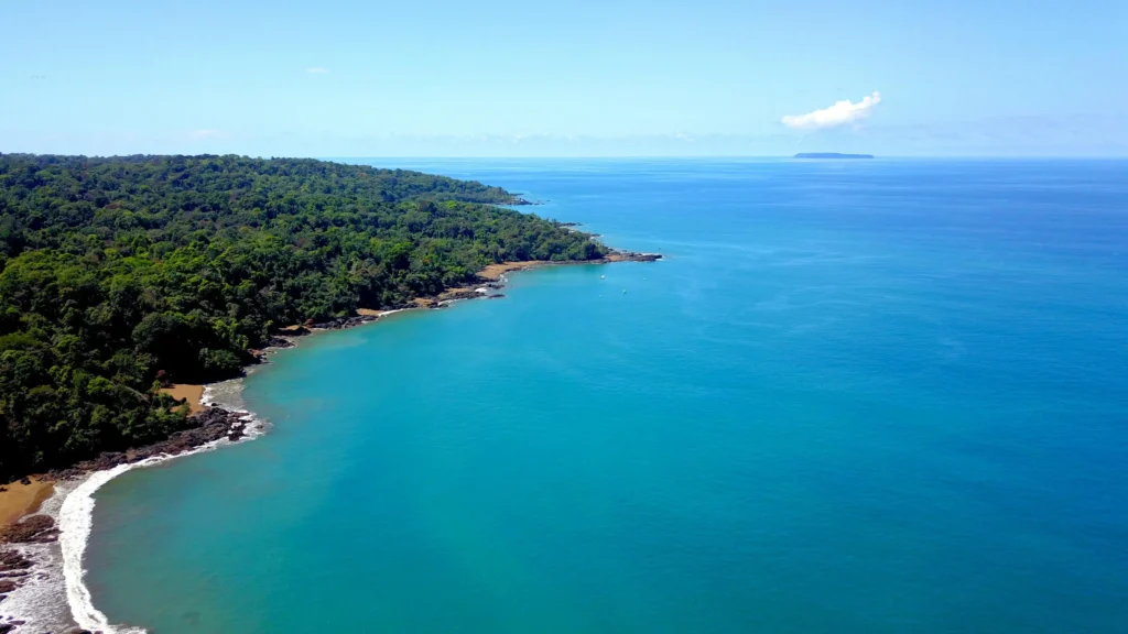 Aerial view of Puntarenas coastline in Costa Rica, featuring pristine beaches and lush greenery.