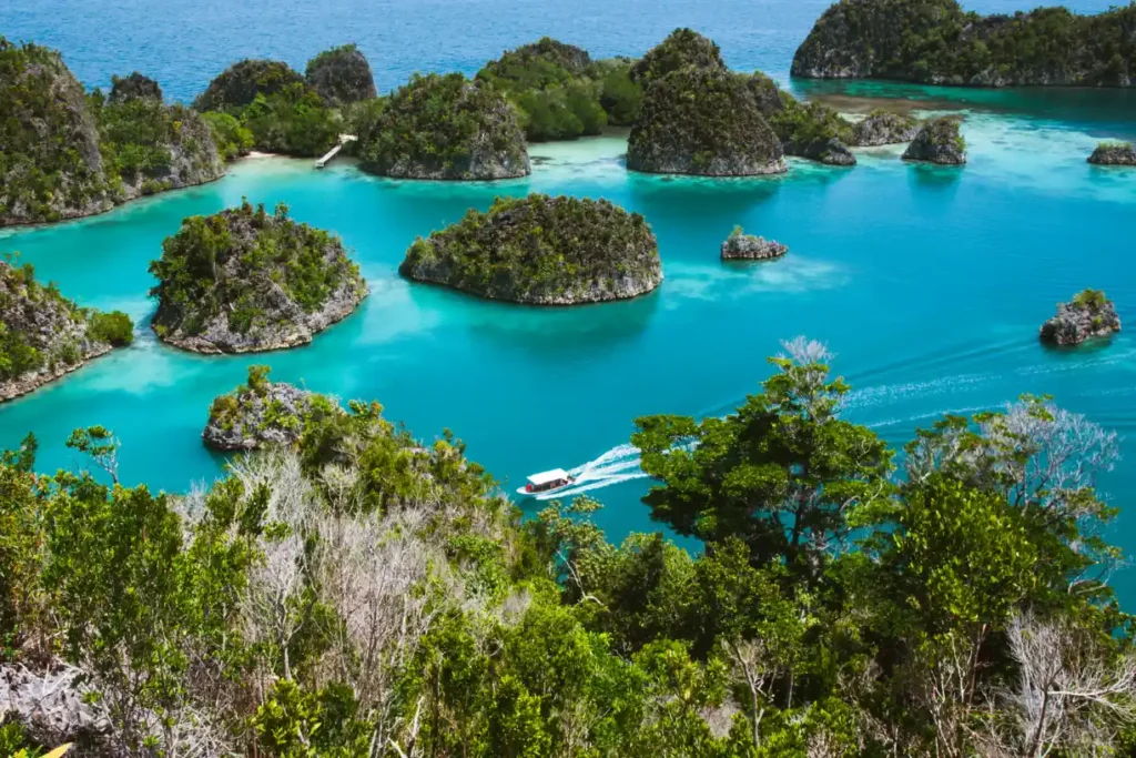 A breathtaking view of Raja Ampat, Indonesia, showcasing crystal-clear waters, lush green islands, and vibrant coral reefs—one of the Cheapest Places to Visit in 2025 for budget travelers seeking paradise.