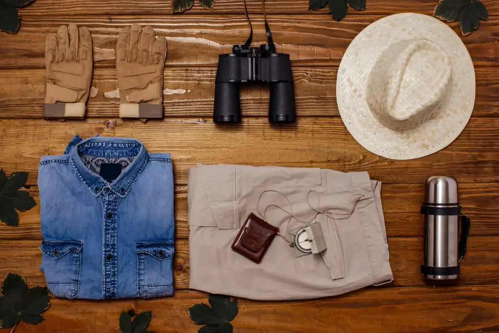 Essential safari adventure outfit items laid out on a wooden surface, including a hat, gloves, binoculars, a denim shirt, cargo pants, and accessories.