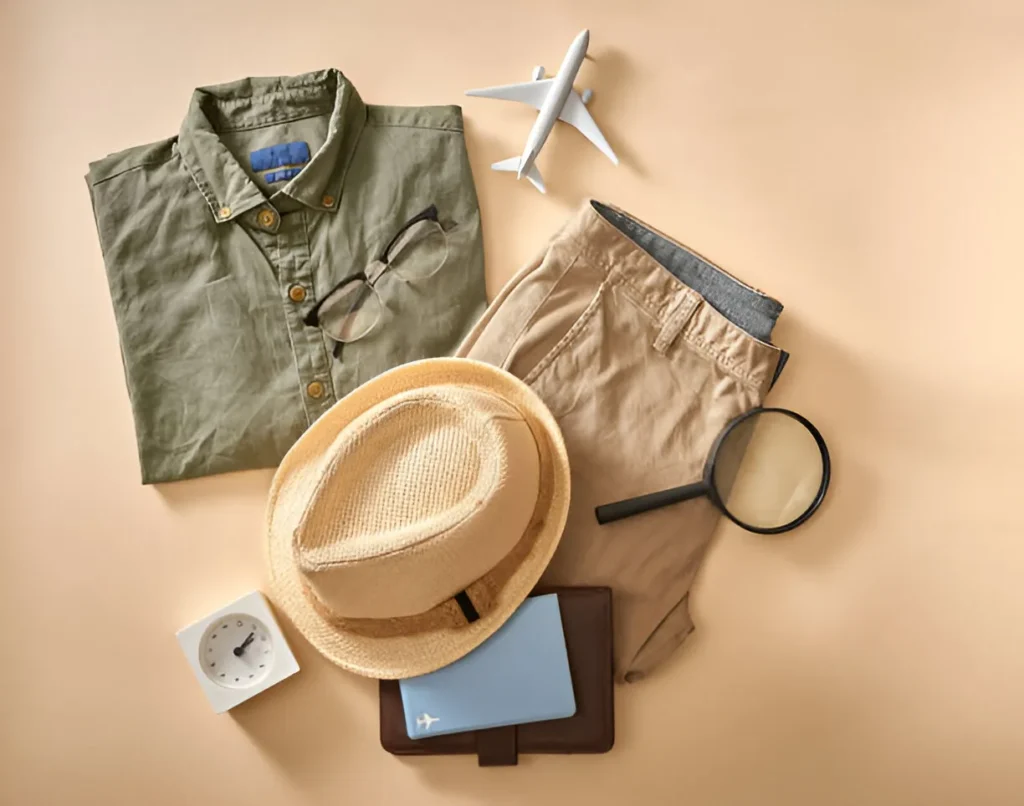 A travel planning scene with essential items for an adventure, including a safari adventure outfit, a map, and a cup of coffee, symbolizing preparation for an exciting journey.