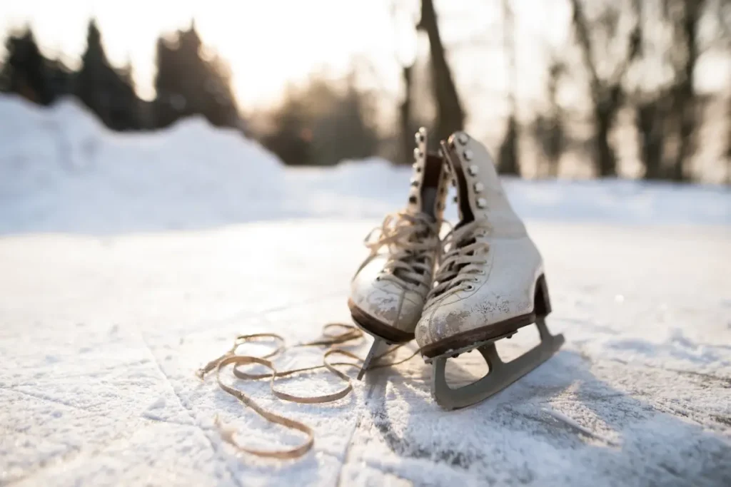 A pair of ice skates on a Paris ice rink, capturing the festive winter atmosphere of Paris in December.