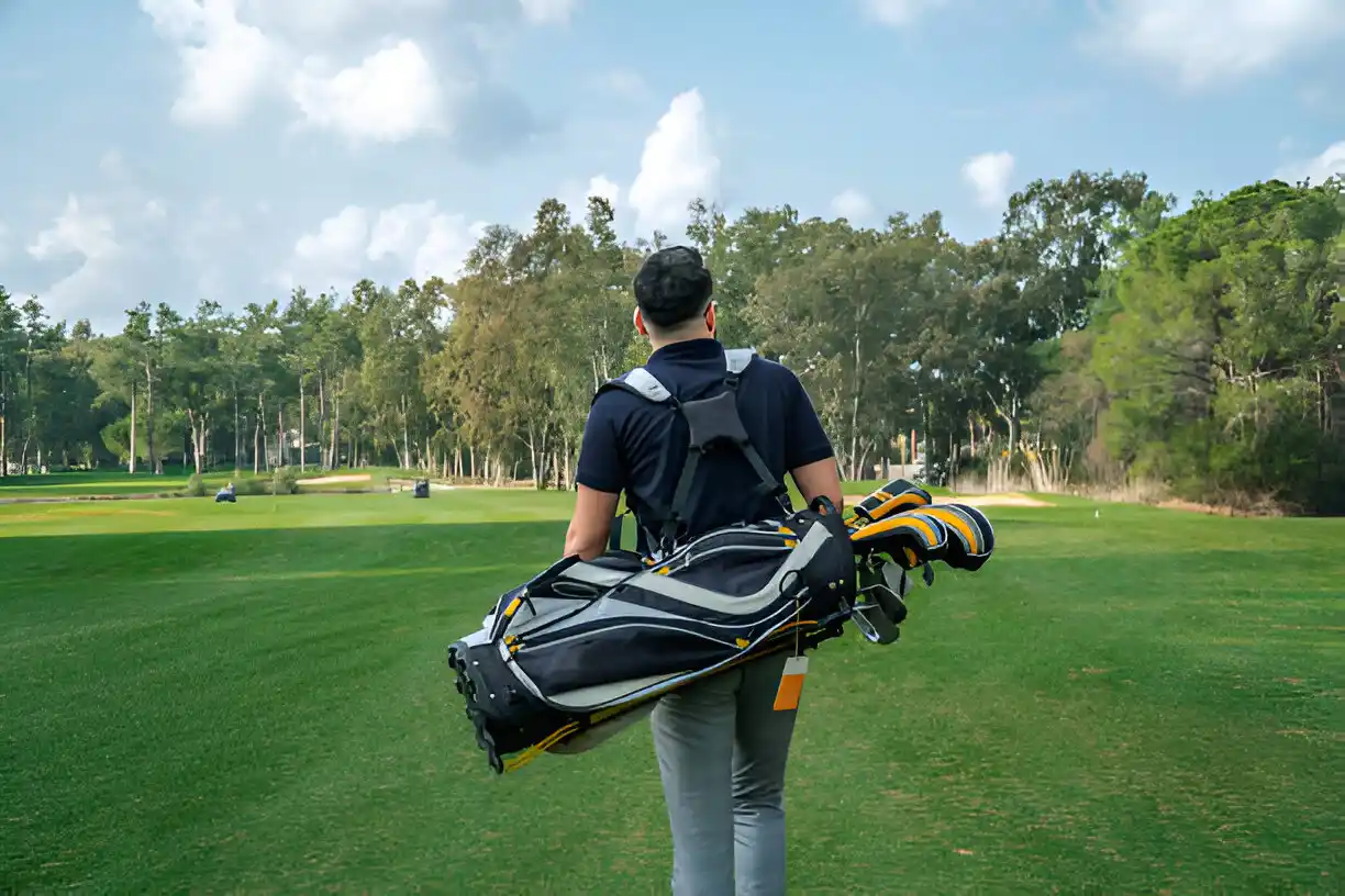 A man carrying the best golf travel bag over his shoulder, walking along a scenic fairway.