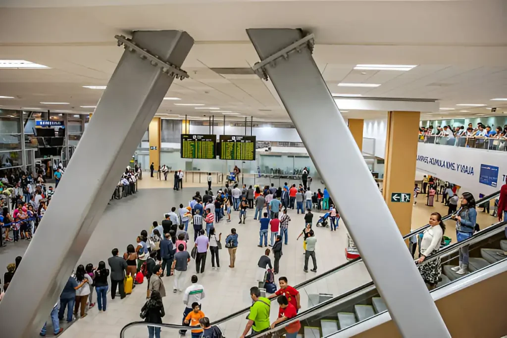 "Jorge Chávez International Airport arrivals hall, a bustling peru south america airport welcoming international travelers."

