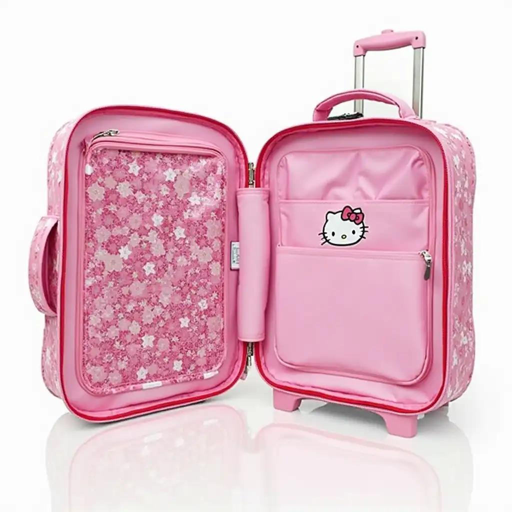 "Hello Kitty travel bag featuring multiple compartments and ample storage options for efficient packing."

