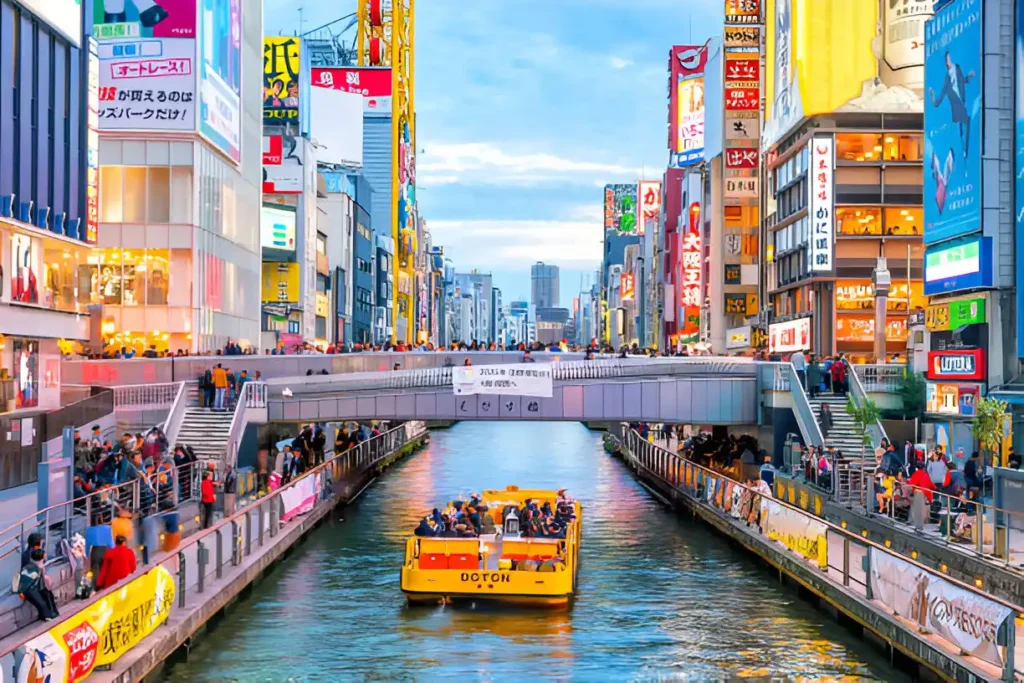 "Vibrant Dotonbori Shopping Street in Osaka, Japan, illuminated by neon signs and bustling with activity."