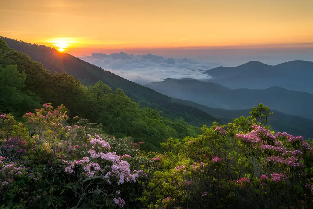 "Breathtaking view of the Great Smoky Mountains in May, showcasing lush landscapes and blooming wildflowers, one of the best places to travel in May USA."

