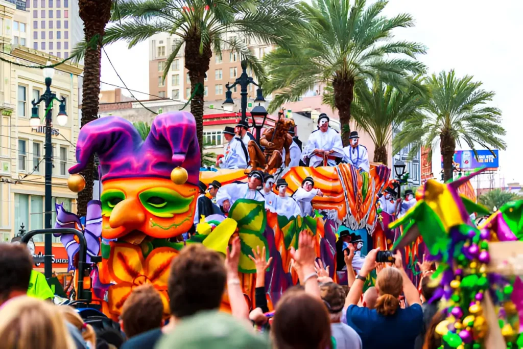 "Mardi Gras parade in New Orleans showcasing vibrant celebrations—an inspiring glimpse of the energy found in the best places to travel in May USA."

