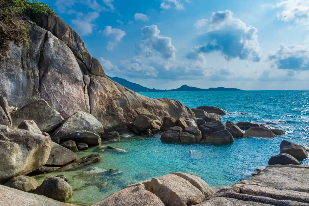 "Scenic view of Lamai Beach in Ko Samui Thailand with crystal-clear waters and white sandy shores."