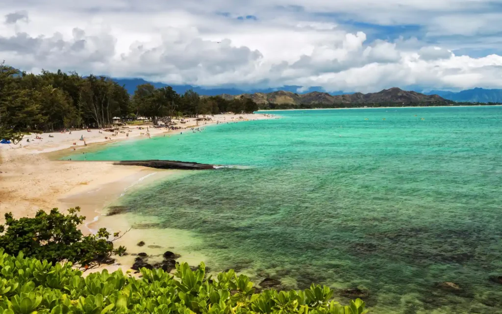 Turquoise waters and white sand at Kailua Beach, one of the best beaches in Oahu, Hawaii.