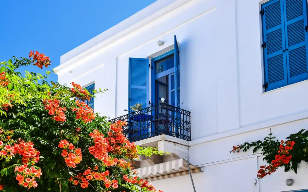 Colorful Balcony and Bougainvillea in Paros, Greece